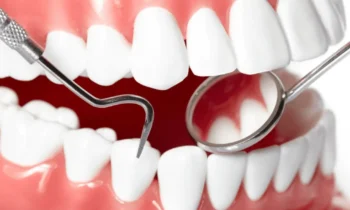 teeth model with dental mirror and pick