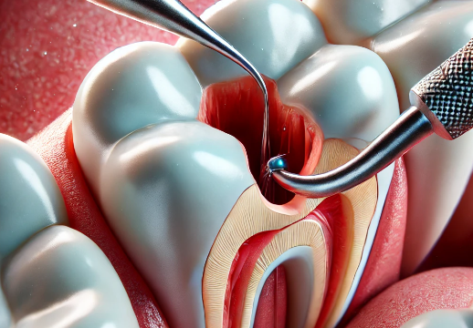 Close-up of a tooth undergoing root canal treatment