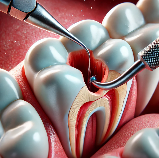 Close-up of a tooth undergoing root canal treatment