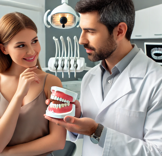 Dentist consulting a patient about custom and standard dentures